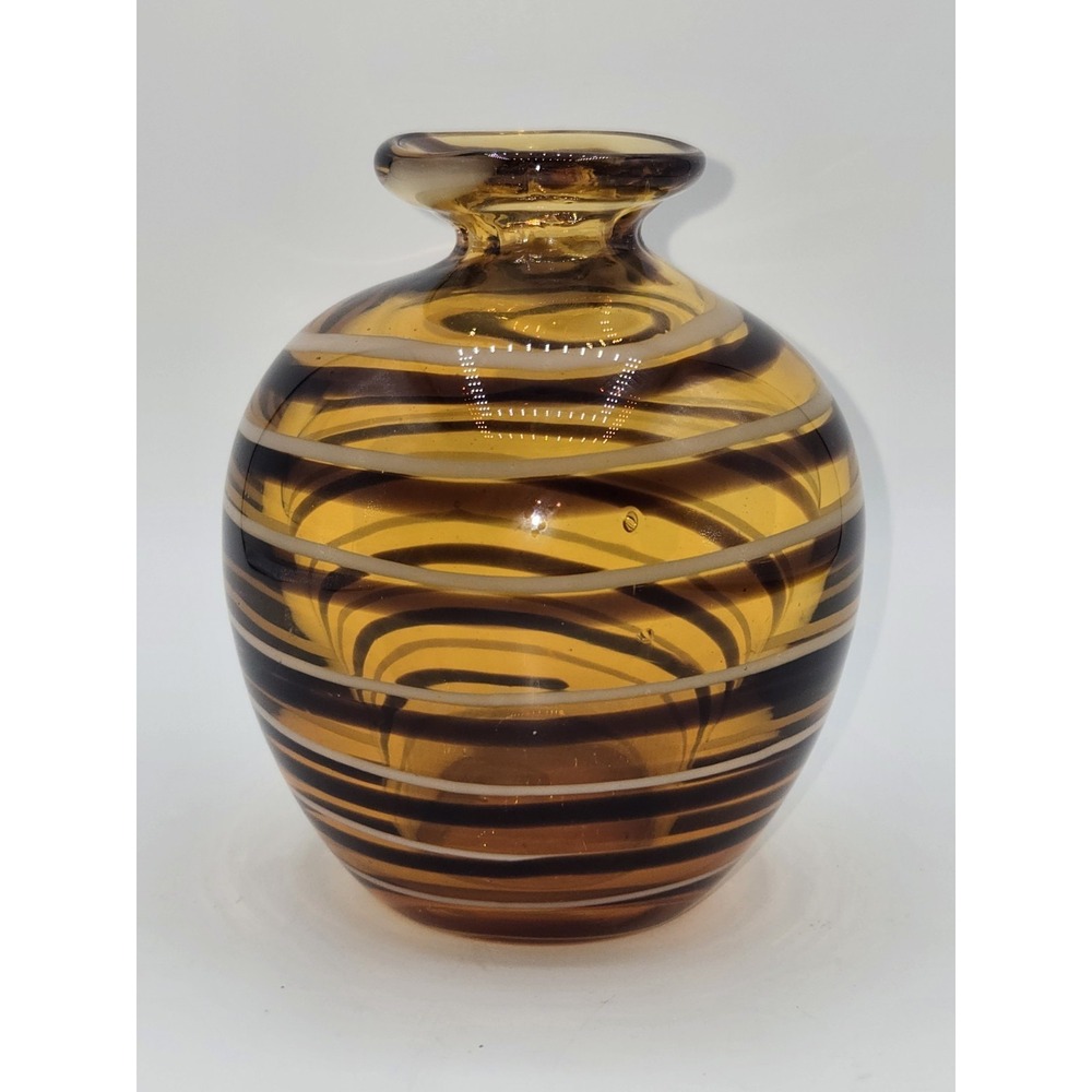 Vintage Amber Art Glass Vase Applied White Ribbon Swirl‎ Hand Blown Glass Vase